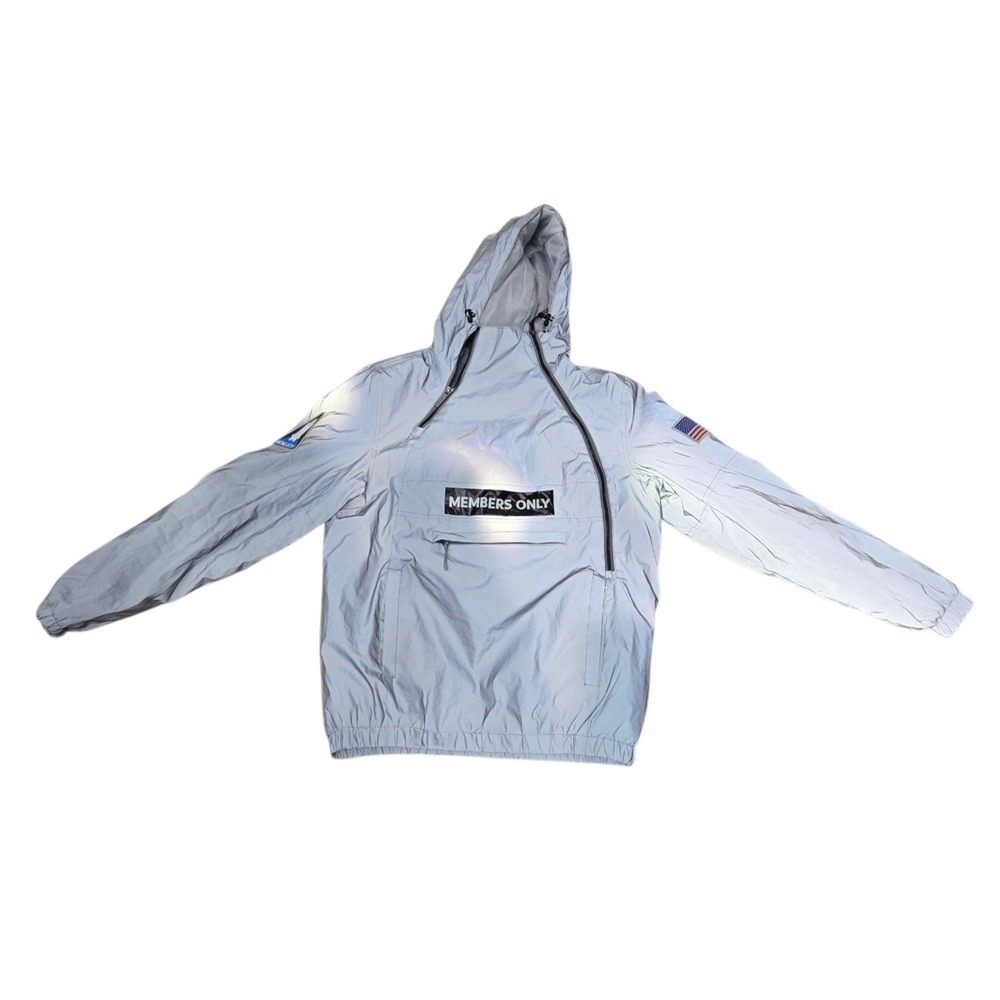 Members Only Sport Reflective Hooded Windbreaker Jacket Gray S Lined Patch Flag